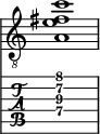  
<<
  %\override Score.BarLine.break-visibility = ##(#f #t #t)
  \time 1/1
    \new Staff  {
    \clef "treble_8"
        \once \override Staff.TimeSignature #'stencil = ##f
        <  a e' fis' c''>1
    }

     \new TabStaff {
       \override Stem #'transparent = ##t
       \override Beam #'transparent = ##t 
      <  a\4 e'\3 fis'\2 c''\1>1
  }
>>
