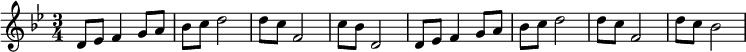 

\relative d' {
   \key g \minor
   \time 3/4
   
   d8 es f4 g8 a | bes c d2 | d8 c f,2 | c'8 bes d,2 |
   d8 es f4 g8 a | bes c d2 | d8 c f,2 | d'8 c bes2 |
}

