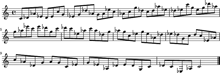 
{

\modalTranspose c c' { c des ees g aes } { c8 des aes ees } 
\modalTranspose c des' { c des ees g aes } { c des aes ees } 
\modalTranspose c ees' { c des ees g aes } { c des aes ees } 
\modalTranspose c g' { c des ees g aes } { c des aes ees } 
\modalTranspose c aes' { c des ees g aes } { c des aes ees } 
\modalTranspose c c'' { c des ees g aes } { c des aes ees } 
\modalTranspose c des'' { c des ees g aes } { c des aes ees } 
\modalTranspose c ees'' { c des ees g aes } { c des aes ees } 
\modalTranspose c g'' { c des ees g aes } { c des aes ees } 

\modalInversion c ees''' { c des ees g aes } { c des aes ees } 
\modalInversion c des''' { c des ees g aes } { c des aes ees } 
\modalInversion c c''' { c des ees g aes } { c des aes ees } 
\modalInversion c aes'' { c des ees g aes } { c des aes ees } 
\modalInversion c g'' { c des ees g aes } { c des aes ees } 
\modalInversion c ees'' { c des ees g aes } { c des aes ees } 
\modalInversion c des'' { c des ees g aes } { c des aes ees } 
\modalInversion c c'' { c des ees g aes } { c des aes ees } 
\modalInversion c aes' { c des ees g aes } { c des aes ees } 
\modalInversion c g' { c des ees g aes } { c des aes ees } 
\modalInversion c ees' { c des ees g aes } { c des aes ees } 
\modalInversion c des' { c des ees g aes } { c des aes ees } 

c'2

\bar "|."
}
