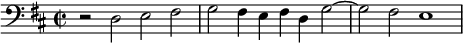 \relative c {
  \clef bass
  \time 2/1
  \set Staff.timeSignatureFraction = 2/2
  \key d \major 
  \autoBeamOff
  r2 d e fis |
  g fis4 e fis d g2~ |
  2 fis2 e1
}
