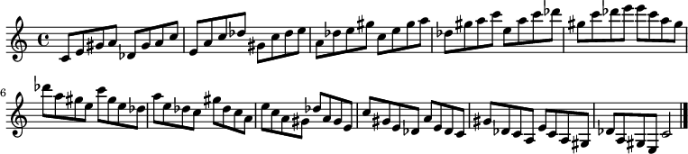 
{

\modalTranspose c c' { c des e gis a } { c8 e gis a } 
\modalTranspose c des' { c des e gis a } { c e gis a } 
\modalTranspose c e' { c des e gis a } { c e gis a } 
\modalTranspose c gis' { c des e gis a } { c e gis a } 
\modalTranspose c a' { c des e gis a } { c e gis a } 
\modalTranspose c c'' { c des e gis a } { c e gis a } 
\modalTranspose c des'' { c des e gis a } { c e gis a } 
\modalTranspose c e'' { c des e gis a } { c e gis a } 
\modalTranspose c gis'' { c des e gis a } { c e gis a } 

\modalInversion c e''' { c des e gis a } { c e gis a } 
\modalInversion c des''' { c des e gis a } { c e gis a } 
\modalInversion c c''' { c des e gis a } { c e gis a } 
\modalInversion c a'' { c des e gis a } { c e gis a } 
\modalInversion c gis'' { c des e gis a } { c e gis a } 
\modalInversion c e'' { c des e gis a } { c e gis a } 
\modalInversion c des'' { c des e gis a } { c e gis a } 
\modalInversion c c'' { c des e gis a } { c e gis a } 
\modalInversion c a' { c des e gis a } { c e gis a } 
\modalInversion c gis' { c des e gis a } { c e gis a } 
\modalInversion c e' { c des e gis a } { c e gis a } 
\modalInversion c des' { c des e gis a } { c e gis a } 

c'2

\bar "|."
}
