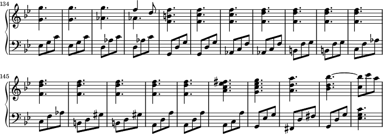 
\version "2.18.2"
\header {
  tagline = ##f
}

%% les petites notes
trillBesq = { \tag #'print { bes8\prall } \tag #'midi { c32 bes c bes } }

upper = \relative c'' {
  \clef treble 
  \key g \minor
  \time 3/8
  \tempo 4. = 66
  \set Staff.midiInstrument = #"harpsichord"
  \set Score.currentBarNumber = #134
  \omit Staff.TimeSignature
    \bar ""

     < g g' >4. q < aes g' > << { f'4 d8 } \\ { aes4. } >> < f b f' >4. < f c' f > q < f d' f > |
     % ms. 143
     q q q q q q q q < a c ees fis >4. < g c ees g > |
     % ms. 152
     < a d a' >4. < bes d bes' >~ < c bes' >8 c' a 

}

lower = \relative c {
  \clef bass
  \key g \minor
  \time 3/8
  \set Staff.midiInstrument = #"harpsichord"
  \omit Staff.TimeSignature

    % **************************************
     \repeat unfold 2 { ees8 g c } | \repeat unfold 2 { d,8 aes' c } | \repeat unfold 2 { g,8 d' g } | \repeat unfold 2 { aes,8 c f } | \repeat unfold 2 { b,8 f' g }
     % ms. 144
     \repeat unfold 2 { c, f aes } | \repeat unfold 2 { b,8 d gis } | \repeat unfold 2 { a, d a' } | a,8 c a' | g,8 ees' g | 
     % ms. 152
     fis,8 d' fis | g, d' g | < ees g c >4.

}

thePianoStaff = \new PianoStaff <<
    \set PianoStaff.instrumentName = #""
    \new Staff = "upper" \upper
    \new Staff = "lower" \lower
  >>

\score {
  \keepWithTag #'print \thePianoStaff
  \layout {
   indent = #0
      #(layout-set-staff-size 17)
    \context {
      \Score
     \override SpacingSpanner.common-shortest-duration = #(ly:make-moment 1/2)
      \remove "Metronome_mark_engraver"
    }
  }
}

\score {
  \keepWithTag #'midi \thePianoStaff
  \midi { }
}
