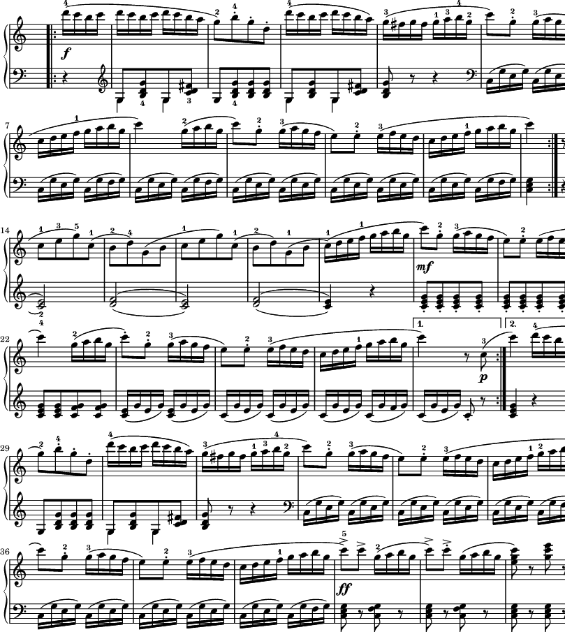 
sVarB = { r4 \clef "violin" | << { \voiceOne g'8[<b d g>_4 g <c d fis>_3] } \new Voice { \voiceTwo g4 g } >> | \oneVoice g8[<b d g>_4 <b d g> <b d g>] | << { \voiceOne g8[<b d g> g <c d fis>] } \new Voice { \voiceTwo g4 g } >> | \oneVoice <b d g>8 r r4 \clef "bass" | c,16([g' e g]) c,([g' e g]) | c,16([g' e g]) c,([g' e g]) | c,16([g' e g]) c,([g' f g]) | c,16([g' e g]) c,([g' f g]) | c,16([g' e g]) c,([g' e g]) | c,16([g' e g]) c,([g' e g]) | c,16([g' e g]) c,([g' f g]) | <c, e g>4 r \clef "violin" | \set doubleSlurs = ##t <d' f>2_1_3( | <c e>_2_4) | <d f>( | <c e>) | <d f>( | <c e>4) r \set doubleSlurs = ##f | <c e g>8_.[<c e g>_. <c e g>_. <c e g>_.] | <c e g>_.[<c e g>_. <c e g>_. <c e g>_.] | <c e g>_.[<c e g>_. <c f g>_. <c f g>_.] | 
<c e g>[<c e g> <c f g> <c f g>] | <c e>16([g' e g]) <c, e>([g' e g]) | c,([g' e g]) c,([g' e g]) | c,([g' e g]) c,([g' f g]) | c,([g' e g]) c,8_. r | <c e g>4 r | 
<< { \voiceOne g8[<b d g>_4 g <c d fis>_3] } \new Voice { \voiceTwo g4 g } >> | \oneVoice g8[<b d g> <b d g> <b d g>] | << { \voiceOne g8[<b d g> g <c d fis>] } \new Voice { \voiceTwo g4 g } >> | \oneVoice <b d g>8 r r4 \clef "bass" | c,16([g' e g]) c,([g' e g]) | c,16([g' e g]) c,([g' e g]) | c,16([g' e g]) c,([g' f g]) | c,16([g' e g]) c,([g' f g]) | c,16([g' e g]) c,([g' e g]) | c,16([g' e g]) c,([g' e g]) | c,16([g' e g]) c,([g' f g]) | <c, e g>8 r <c f g> r | <c e g>8 r <c f g> r | <c e g>8 r <c e g> r | <c e g>4 << { \voiceOne \crossStaff { \autoBeamOff g'8 g | <e g>4 } } \new Voice { \voiceTwo c8_1[c] | c,4 } >> }

sVarA = { \bar ".|:" \repeat volta 2 { d16-4(\f[c b c] | d[c b c] d([c b a] | g8-2)[b-.-4 g-. d-.] d'16-4([c b c] d[c b a]) | g-3([fis g fis] g-1[a-3 b-4 g-2] | c8)[g-.-2] g16-3([a g f] | e8)[e-.-2] e16-3([f e d] | 
c[d e f-1] g[a b g] | c4) g16-2([a b g] | c8)[g-.-2] g16-3([a g f] | e8)[e-.-2] e16-3([f e d] | c[d e f-1] g[a b g] | c4) } r8 c,8-3\p( \repeat volta 2 { \bar ".|:" b[d)g,-1(b-2] | c-1[e-3 g-5)c,-1]( b-2[d-4)g,(b] | c-1[e g)c,-1]( | b-2[d)g,-1(b] | c16-1)([d e f-1] g[a b g] | c8)\mf[g-.-2] g16-3([a g f] | e8)[e-.-2] e16([f e d] | c[d e f-1] g[a b g] |
c4) g16-2([a b g] | c8-.)[g-.-2] g16-3([a g f] | e8)[e-.-2] e16-3([f e d] | c[d e f-1] g[a b g] } \alternative { { c4) r8 c,-3\p( } { c'4) d16-4([c b c] } } | d[c b c] d[c b a] | 
g8-2)[b-.-4 g-. d-.] | d'16-4([c b c] d[c b a]) | g-3([fis g fis] g-1[a-3 b-4 g-2] | c8)[g-.-2] g16-3([a g f] |e8)[e-.-2] e16-3([f e d] | c[d e f-1]g-2[a b g] | c4) g16-2([a b g] | 
c8)[g-.-2] g16-3([a g f] | e8)[e-.-2] e16-3([f e d] c[d e f-1] g[a b g] | c8^>-5)\ff[c^>] g16-2([a b g] | c8^>)[c-.^>] g16([a b g] | <e g c>8) r <g c e> r | <e g c>4 <c, e>8-3-5[<c e>] | c4 \bar "|." }

\paper { #(set-paper-size "a3") oddHeaderMarkup = \evenHeaderMarkup }
\header { tagline = ##f }
\version "2.18.2"
\score {
\midi {  }
\layout { line-width = #240
\context { \PianoStaff \consists #Span_stem_engraver } indent = 0\cm}
\new PianoStaff <<
  \new Staff { \clef "violin" \key c \major \time 2/4 \override Staff.TimeSignature #'transparent = ##t \relative c''' { \partial 4 \sVarA } }
  \new Staff { \clef "bass" \key c \major \time 2/4 \override Staff.TimeSignature #'transparent = ##t \relative g, { \sVarB } }
>> }