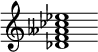 {
  % Rivin lopun pystyviiva ja tahtiosoitus piiloon.
  \override Score.BarLine.break-visibility = ##(#f #t #t)
  \override Staff.TimeSignature #'stencil = ##f
  
  <des' f' aeses' ces'' ees''>1
}
