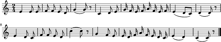 
\relative c' {\clef treble
\time 2/4
e e8\noBeam e |
f8\noBeam f8 e8\noBeam d8 |
g4 (g8) r8 |
c,4 d8\noBeam e |
\autoBeamOff
g16 f16 e16 f16 a16 f16 e16 f16 |
\autoBeamOn
e4 ( d8 c) |
\autoBeamOff
d4 ( d8) r8 |
e4 d8 c8 |
f8 f8 e8 d8 |
c'4 ( c8) r8 |
g4 f8 e8 |
e16 d16 f16 a16 f16 e16 d16 c16 |
e4 ( d4) |
c4 (c8) r8 \bar "|."
}
