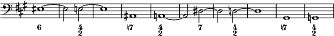 { \override Score.TimeSignature #'stencil = ##f << \new Staff { \clef bass \time 4/4 \key a \major eis1 ~ eis2 e ~ e1 | ais, | a,! ~ | a,2 dis ~ | dis d ~ | d1 | gis, | g, }
\figures { <6>1 <_>2 <4 2> <_>1 <7!> <4 2> <_>2 <7> <_> <4 2> <_>1 <7!> <4 2> } >> }