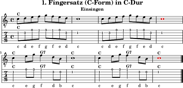 
\version "2.20.0"
\header {
  title="1. Fingersatz (C-Form) in C-Dur"
  subtitle="Einsingen"
}
%% Diskant- bzw. Melodiesaiten
Diskant = \relative c' {
%  \set TabStaff.minimumFret = #2
%  \set TabStaff.restrainOpenStrings = ##t
  \key c \major
  
  c8^\markup { \bold {C} } d e f g f e d | c1
  c8 d e f g f e d |  \once \override NoteHead #'color = #red c1
  \break
  c4^\markup { \bold {C} } e8 g | f4^\markup { \bold {G7} } d8 b | c1^\markup { \bold {C} } 
  c4^\markup { \bold {C} } e8 g | f4^\markup { \bold {G7} } d8 b | 
  \set TabStaff.minimumFret = #0
   \once \override NoteHead #'color = #red c1^\markup { \bold {C} }
  \bar "|."
}

%% Layout- bzw. Bildausgabe
\score {
  <<
    \new Voice  { 
      \clef "treble_8" 
      \time 4/4  
      \tempo 4 = 120 
      \set Score.tempoHideNote = ##t
      \Diskant \addlyrics {
        c8 d e f g f e d | c1
  c8 d e f g f e d   c1
  \break
  c4 e8 g | f4 d8 b | c1 
  c4 e8 g | f4 d8 b | c
      }
    }
    \new TabStaff { \tabFullNotation \Diskant }
  >>
  \layout {}
}

%% Midiausgabe mit Wiederholungen, ohne Akkorde
\score {
  <<
    \unfoldRepeats {
      \new Staff  <<
        \tempo 4 = 120
        \time 4/4
        \set Staff.midiInstrument = #"acoustic guitar (nylon)"
        \clef "G_8"
        \Diskant
      >>
    }
  >>
  \midi {}
}
%% unterdrückt im raw="!"-Modus das DinA4-Format.
\paper {
  indent=0\mm
  %% DinA4 = 210mm - 10mm Rand - 20mm Lochrand = 180mm
  line-width=180\mm
  oddFooterMarkup=##f
  oddHeaderMarkup=##f
  % bookTitleMarkup=##f
  scoreTitleMarkup=##f
}
