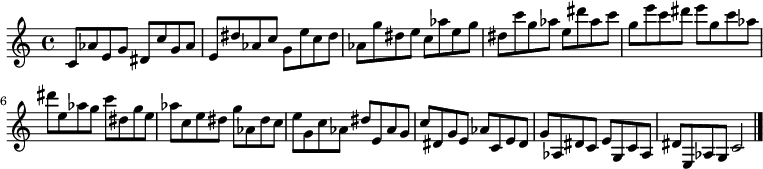 
{

\modalTranspose c c' { c dis e g aes } { c8 aes e g } 
\modalTranspose c dis' { c dis e g aes } { c aes e g } 
\modalTranspose c e' { c dis e g aes } { c aes e g } 
\modalTranspose c g' { c dis e g aes } { c aes e g } 
\modalTranspose c aes' { c dis e g aes } { c aes e g } 
\modalTranspose c c'' { c dis e g aes } { c aes e g } 
\modalTranspose c dis'' { c dis e g aes } { c aes e g } 
\modalTranspose c e'' { c dis e g aes } { c aes e g } 
\modalTranspose c g'' { c dis e g aes } { c aes e g } 

\modalInversion c e''' { c dis e g aes } { c aes e g } 
\modalInversion c dis''' { c dis e g aes } { c aes e g } 
\modalInversion c c''' { c dis e g aes } { c aes e g } 
\modalInversion c aes'' { c dis e g aes } { c aes e g } 
\modalInversion c g'' { c dis e g aes } { c aes e g } 
\modalInversion c e'' { c dis e g aes } { c aes e g } 
\modalInversion c dis'' { c dis e g aes } { c aes e g } 
\modalInversion c c'' { c dis e g aes } { c aes e g } 
\modalInversion c aes' { c dis e g aes } { c aes e g } 
\modalInversion c g' { c dis e g aes } { c aes e g } 
\modalInversion c e' { c dis e g aes } { c aes e g } 
\modalInversion c dis' { c dis e g aes } { c aes e g } 

c'2

\bar "|."
}
