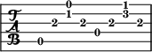 
\new TabStaff \relative c' {
  a,8 a' <c e> a
  d,8 a' <d f> a
}
 