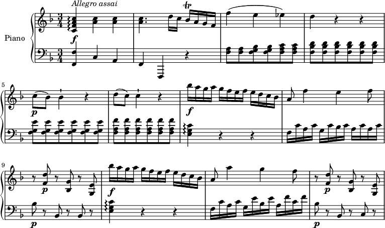 
\version "2.18.2"
\header {
  tagline = ##f
}
upper = \relative c' {
  \clef treble 
  \key f \major
  \time 3/4
  \tempo "Allegro assi"
  \tempo 4 = 140

   <c f a c>4 \arpeggio \f ^\markup{ \italic { Allegro	assai} } <a' c> <a c>
   <a c>4. d16 c bes\trill a g f
   f'4 (e ees)
   d r r
   c8  \p (bes) bes4-! r
   d8 (c) c4-! r
   bes'16\f a g a g f e f e d c bes
   a8 f'4 e f8
   r <f, d'>\p r <bes, g'> r <g e'>
   bes''16\f a g a g f e f e d c bes
   a8 a'4 g f8
   r <f, d'>\p r <bes, g'> r <g e'>
}

lower = \relative c {
  \clef bass
  \key f \major
  \time 3/4
  \set Staff.midiMinimumVolume = #0.2 \set Staff.midiMaximumVolume = #0.5
  <f, f'>4 c' a f f, r
  <f'' a>8 <f a> <f g bes> <f g bes> <f a c> <f a c>
  \repeat unfold 6 {<f bes d>} \repeat unfold 6 {<f g e'>} \repeat unfold 6 {<f a f'>}
  <e g c>4 \arpeggio r r
  f16 c' a c g c bes c a c a c
  bes8\p r bes, r bes r
  <e g c>4 \arpeggio r r
  f16 c' a c g e' bes e a, f'  c f
  bes,8 \p r bes, r c r
} 

\score {
  \new PianoStaff <<
    \set PianoStaff.instrumentName = #"Piano"
    \new Staff = "upper" \upper
    \new Staff = "lower" \lower
  >>
  \layout {
    \context {
      \Score
      \remove "Metronome_mark_engraver"
    }
  }
  \midi { }
}
