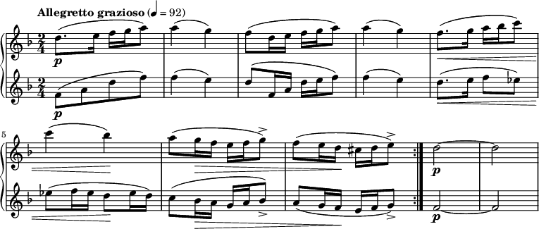 
 \relative c' { \partial 2
  \new PianoStaff <<
   \new Staff { \key d \minor \time 2/4 \tempo "Allegretto grazioso" 4 = 92 \set Staff.midiInstrument = #"string ensemble 1"
      \repeat volta 4 { d'8.\p( e16 f g a8) a4( g) f8( d16 e f g a8) a4( g) f8.\<( g16 a bes c8) c4( bes\!) a8( g16\> f e f g8->) f( e16 d\! cis d e8->) } d2\p~d 
   }
   \new Staff { \key d \minor \time 2/4 \set Staff.midiInstrument = #"string ensemble 1"
      f,8\p[( a d f)] f4( e) d8^( f,16 a d e f8) f4( e) d8.\<( e16 f8 ees) ees( f16 ees d8\! ees16 d) c8( bes16\> a g a bes8->) a( g16 f\! e f g8->) f2\p~ f
   }
  >>
 }
