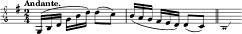 
\relative g {
 \override TupletNumber #'stencil = ##f
 \override TupletBracket #'stencil = ##f
 \clef mensural-g
 \time 2/4
 \key g \major
 \tempo "Andante."
 \times 2/3 {g16[( b d]} \times 2/3 {g[ b d)]} d8([ c)]
 \times 2/3 {b16[( a g]} \times 2/3 {fis[ e d)]} d8([ c)]
 \bar "||"
 \once \override Voice.NoteHead #'stencil =
  #ly:text-interface::print
 \once \override Voice.NoteHead #'text =
  \markup \musicglyph #"custodes.mensural.u0"
 \once \override Voice.Stem #'stencil = ##f
  b4
}
