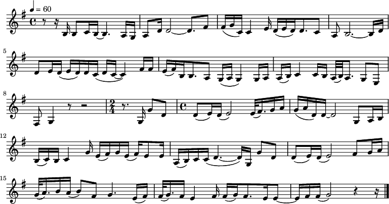 
  \relative c'{
  \key g \major
  \time 4/4
  \tempo 4 = 60
    r8 r16 b16 b8 c16 b16~ b4. a16 g16
    a8 d16 d2~ d8. fis8
    fis16( g c,) c4 e16 d( e d) d8. c8
    a b2.~ b16 d
    d8 e16 d( e d) d c( d c~ c4) fis16 fis
    e( fis) b, b8. a8 g16( a g4) g16 a
    a( b) c4 c16 b a32( b) a8. g8 e
    fis g4 r8 r2
  \time 2/4
    r8. g16 g'8 d
  \time 4/4
    d( e16) d( e2) e32( fis16.) g16 a
    g( a d,) d~ d2 g,8 a16 b
    b( c) b c4 g'16 e( fis) g e( fis) e8 e16
    a,( b) c c( d4.~ d16) g, g'8 d
    d( e16) d( e2) fis8 g16 a
    g32( a16.) b16 a( b8) fis g4. e16( fis)
    fis32( g16.) fis16 e4 fis16 fis( g) fis8. e16 e8~
    e16 fis fis( g2) r4 r16
  \bar "|."
  }
