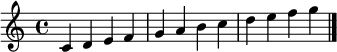 
\paper { #(set-paper-size "a4") }
\header { tagline = ##f }
\version "2.22.0"
\score {
\midi { }
\layout { line-width = #180
indent = 0\cm}
\new Staff { \time 4/4 \relative c { c'4 d e f | g a b c | d e f g \bar "|." } } }