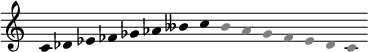 
{  
  \cadenzaOn 
  \omit Stem
  \once \override Staff.TimeSignature #'stencil = ##f
  
  \transpose b' c' {
  b'4 c'' d'' ees'' f'' g'' aes'' b''
  \override Voice.NoteHead.color = #(x11-color 'grey50)
  aes'' g'' f'' ees'' d'' c'' b'
  }
}
