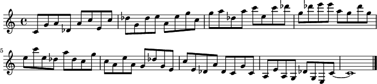 
{

\modalTranspose c c' { c des e g a } { c8 g a } 
\modalTranspose c des' { c des e g a } { c g a } 
\modalTranspose c e' { c des e g a } { c g a } 
\modalTranspose c g' { c des e g a } { c g a } 
\modalTranspose c a' { c des e g a } { c g a } 
\modalTranspose c c'' { c des e g a } { c g a } 
\modalTranspose c des'' { c des e g a } { c g a } 
\modalTranspose c e'' { c des e g a } { c g a } 
\modalTranspose c g'' { c des e g a } { c g a } 

\modalInversion c e''' { c des e g a } { c g a } 
\modalInversion c des''' { c des e g a } { c g a } 
\modalInversion c c''' { c des e g a } { c g a } 
\modalInversion c a'' { c des e g a } { c g a } 
\modalInversion c g'' { c des e g a } { c g a } 
\modalInversion c e'' { c des e g a } { c g a } 
\modalInversion c des'' { c des e g a } { c g a } 
\modalInversion c c'' { c des e g a } { c g a } 
\modalInversion c a' { c des e g a } { c g a } 
\modalInversion c g' { c des e g a } { c g a } 
\modalInversion c e' { c des e g a } { c g a } 
\modalInversion c des' { c des e g a } { c g a } 

c'~ c'1

\bar "|."
}
