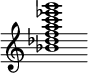 {
  % Rivin lopun pystyviiva ja tahtiosoitus piiloon.
  \override Score.BarLine.break-visibility = ##(#f #t #t)
  \override Staff.TimeSignature #'stencil = ##f
  
  <bes' des'' f'' a'' c''' ees''' g'''>1
}
