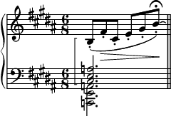 
\new PianoStaff <<
  \set PianoStaff.connectArpeggios = ##t
  \override PianoStaff.Arpeggio.stencil = #ly:arpeggio::brew-chord-bracket
  \new Staff {
    \relative c' {
      \key b \major
      \time 6/8
      b8-.(\arpeggio fis'-.\> cis-. e-. gis-. b-.)\!\fermata^\laissezVibrer
      \bar "||"
    }
  }
  \new Staff {
    \relative c' {
      \clef bass
      \key b \major
      <<
        {
          <a e cis>2.\arpeggio
        }
        \\
        {
          <a, e a,>2.
        }
      >>
    }
  }
>>
