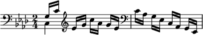 { \key aes \major \time 2/4 \clef bass \relative g { << { g16[ c] \clef treble ees[ g] } \\ { c,,4 } >> c''16[ aes] g[ ees] | \clef bass c[ aes] g[ ees] c[ aes] g[ ees] } }