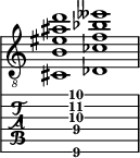  
<<
  %\override Score.BarLine.break-visibility = ##(#f #t #t)
  \time 2/1
    \new Staff  {
    \clef "treble_8"
        \once \override Staff.TimeSignature #'stencil = ##f
        <cis  b eis' ais' d''>1 | <des  ces' f' bes' eeses''>1 |
    }

     \new TabStaff {
       \override Stem #'transparent = ##t
       \override Beam #'transparent = ##t 
      s2 <cis\6  b\4 f'\3 ais'\2 d''\1>1 s2
  }
>>
