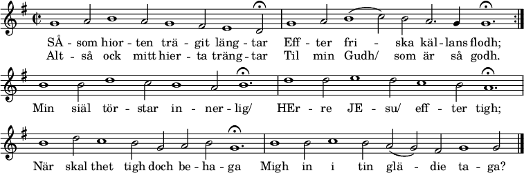 
\version "2.14.2"

% Lilypond i MediaWikis Score extension är tämligen begränsad då Lilypond körs i safe mode (lilypond -dsafe=#t)
% vilket slår av de flesta avancerade funktionerna av säkerhetsskäl. Dessutom kör svenska
% wikisource med en ganska gammal version av Lilypond (2.14) som saknar en del funktionalitet
% eller som är omöjlig att använda i safe mode.


%%% taktstreck %%%

% "divisioMaxima" = heldraget taktstreck
divMax = {
  % Egentligen vore det kanske önskvärt med divisioMaxima genom
  %    \once \override BreathingSign #'stencil = #ly:breathing-sign::divisio-maxima
  %    \once \override BreathingSign #'Y-offset = #0
  %    \breathe
  % men det fungerar inte av okänd anledning. Går inte heller att inkludera "gregorian.ly" (safe mode).
  %
  % i stället använder vi ett vanligt taktstreck. 
  \bar "|"
}

% slutstreck
divFin = {
  \bar "|."
}

%%% paper & layout %%%
\paper {
  indent=0\mm
  short-indent=0\mm
  oddFooterMarkup=##f
  oddHeaderMarkup=##f
  print-page-number=##f
}

% Vi kan inte ändra accidentalStyle manuellt. Som lösning använder vi MensuralVoice som har rätt bra inställningar.
%        \accidentalStyle "neo-modern"              % Kräver 2.15
%        #(ly:set-accidental-style 'neo-modern)  % Fungerar inte i safe mode

\layout {
  \context {
    \Score
    timing = ##f 
    \remove "Bar_number_engraver"
  }

%  \context {
%    \Staff
%    \override TimeSignature #'style = #'mensural
%    \override NoteHead #'style = #'petrucci
%  }

  % MyVoice = MensuralVoice med Petrucci NoteHeads
  \context {
    \MensuralVoice
    \name "MyVoice"
    \alias "Voice"
    \consists "Slur_engraver"
    \override NoteHead #'style = #'petrucci
    \override Rest #'style = #'mensural
%   \override Flag #'style = #'mensural   % 2.16+
    \override Stem #'flag-style = #'mensural   % 2.14
    \override Stem #'thickness = #1.7
%    \override Stem #'length = #5.5
  }

  % MyStaff = MensuralStaff, fast med taktstreck
  \context {
    \MensuralStaff
    \name "MyStaff"
    \alias "Staff"
    \denies "Voice"
    \defaultchild "MyVoice"
    \accepts "MyVoice"
    \override BarLine #'transparent = ##f
    \override StaffSymbol #'thickness = #1.0 % default
%    \override StaffSymbol #'thickness = #1.3
  }

  \context {
    \Score
    \accepts "MyStaff"
  }
}

%%% takt, tonart etc %%%

pre = {
  \time 2/2
  \key g \major
}

premelody = {
  \autoBeamOff
  \clef treble
  \pre
}

prebass = {
  \autoBeamOff
  \clef bass
  \pre
}

voicename = Voice

%%% melodi %%%

melody = \relative c' {
  \repeat volta 2 {
    g'1 a2 b1 a2 g1 fis2 e1 d2\fermata \divMax
    g1 a2 b1( c2) b2 a2. g4 g1.\fermata
  }
  b1 b2 d1 c2 b1 a2 b1.\fermata \divMax
  d1 d2 e1 d2 c1 b2 a1.\fermata \divMax
  b1 d2 c1 b2 g2 a b g1.\fermata \divMax
  b1 b2 c1 b2 a2( g) fis g1 g2 \divFin
}

%%% bas %%%

bass = \relative c {
  
}

verse = \lyricmode {
 <<
{  SÅ -- som hior -- ten trä -- git läng -- tar
      Eff -- ter fri -- ska käl -- lans flodh;
     }
\context  Lyrics = "versRad2" { \set associatedVoice = "melody"  Alt -- så ock mitt hier -- ta träng -- tar
      Til min Gudh/ som är så godh.
   }


>>

  Min siäl tör -- star in -- ner -- lig/
  HEr -- re JE -- su/ eff -- ter tigh;
  När skal thet tigh doch be -- ha -- ga
  Migh in i tin glä -- die ta -- ga?
}

%%%%%%%%%%%%%%%%%%%%%%%%%%%%%%%%%%%%%%%%%%%%%%%%%%%%%%%%%%%%%%%%%%%%%%%%%%%%%%

%%% png / svg %%%

\score {
  <<
    \new \voicename = "melody" { \premelody \melody }
      \new Lyrics \lyricsto "melody" { \verse }
    
  >>
  \layout {}
}

%%% midi / ogg %%%

\score {
  <<
  \new Staff { \unfoldRepeats { \melody } }
  
  >>
  \midi {
    % \tempo 145 2  % 2.16+
    \context {
      \Score
      tempoWholesPerMinute = #(ly:make-moment 145 2)
    }
    \context {
      \Staff
      midiInstrument = #"church organ"
    }
  }
}
