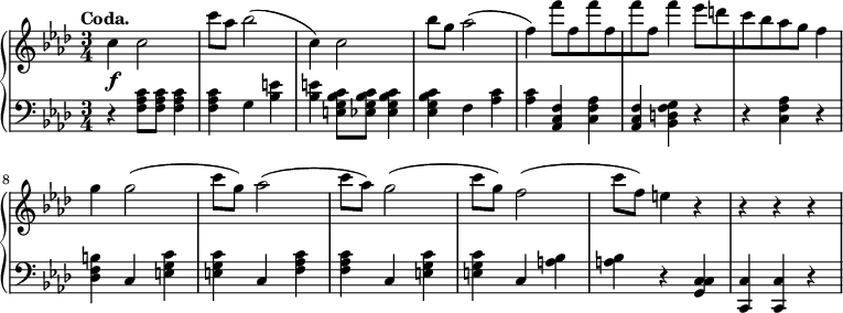 
 \relative c' {
  \new PianoStaff <<
   \new Staff { \key f \minor \time 3/4
    \tempo \markup {
     \column {
      \line { Coda. }
 }
   }
        c' c2 c'8[ aes] bes2( c,4) c2 bes'8[ g] aes2( f4) f'8[ f, f' f, f' f,] f'4 ees8[ d c bes aes g] f4 g g2( c8[ g)] aes2( c8[ aes)] g2( c8[ g)] f2( c'8[ f,)] e4 r r r r
      }
   \new Dynamics {
    s\f
      }
   \new Staff { \key f \minor \time 3/4 \clef bass
      r4 <f,, aes c>8[ <f aes c>] <f aes c>4 <f aes c> g4 <bes e> <bes e> <e, g bes c>8[ <ees g bes c>] <ees g bes c>4 <ees g bes c> f <aes c> <aes c> <aes, c f> <c f aes> <aes c f> <bes d f g> r r <c f aes> r <des f b> c <e g c> <e g c> c <f aes c> <f aes c> c <e g c> <e g c> c <a' bes> <a bes> r <c, g c> <c c,> <c c,> r
      }
  >>
 }
