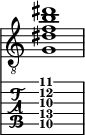  
<<
  %\override Score.BarLine.break-visibility = ##(#f #t #t)
  \time 1/1
    \new Staff  {
    \clef "treble_8"
        \once \override Staff.TimeSignature #'stencil = ##f
        < g dis' f' b' dis''>1
    }

     \new TabStaff {
       \override Stem #'transparent = ##t
       \override Beam #'transparent = ##t 
      < g\5 dis'\4 f'\3 b'\2 dis''\1>1
  }
>>
