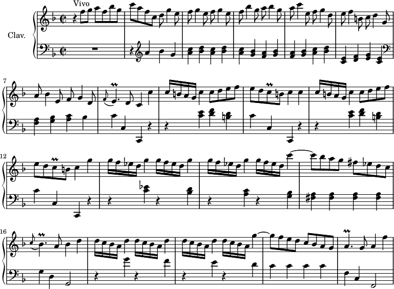 
\version "2.18.2"
\header {
  tagline = ##f
  % composer = "Domenico Scarlatti"
  % opus = "K. 168"
  % meter = "Vivo"
}

%% les petites notes
trillC      = { \tag #'print { c8\prall } \tag #'midi { d32 c d c } }
trillEp     = { \tag #'print { e4.\prall } \tag #'midi { f32 e f e~ e4 } }
trillBesp   = { \tag #'print { bes4.\prall } \tag #'midi { c32 bes c bes~ bes4 } }
trillAp     = { \tag #'print { a4.\prall } \tag #'midi { bes32 a bes a~ a4 } }

upper = \relative c'' {
  \clef treble 
  \key f \major
  \time 2/2
  \tempo 2 = 58
  \set Staff.midiInstrument = #"harpsichord"
  \override TupletBracket.bracket-visibility = ##f

      s8*0^\markup{Vivo}
      r4 f8 g a f bes g | c a f c d g4 e8 | f g4 e8 f g4 e8 |
      % ms. 4
      f8 bes4 g8 a bes4 g8 | a c4 e,8 f g4 d8 | e f4 b,8 c d4 g,8 | a bes4 e,8 f g4 d8 |  
      % ms. 8
      \appoggiatura f8 \trillEp d8 c4 c' | c16 b a g c4 c8 d e f | e d \trillC b8 c4 c | c16 b a g c4 c8 d e f |
      % ms. 12
      e d \trillC b8 c4 g' | \repeat unfold 3 { g16 f ees d g4 } g16 f ees d c'4~ | c8 bes a g fis ees d c |
      % ms. 16
      \appoggiatura c8 \trillBesp a8 bes4 d | \repeat unfold 3 { d16 c bes a d4 }  d16 c bes a g'4~ | g8 f e d c bes a g |
      % ms. 20
      \trillAp g8 a4 f' |

}

lower = \relative c' {
  \clef bass
  \key f \major
  \time 2/2
  \set Staff.midiInstrument = #"harpsichord"
  \override TupletBracket.bracket-visibility = ##f

    % ************************************** \appoggiatura a8  \repeat unfold 2 {  } \times 2/3 { }   \omit TupletNumber 
      R1 | r4   \clef treble  a'4 bes g | \repeat unfold 2 { < a c >4 < bes d > } |
      % ms. 4
      < a c >4 < g bes > < f a >  < g bes > | < f a > < g bes > < a c > < bes d > | < c, e > < d f > < e g > < c e > |   \clef bass < f, a > <  g bes > < a c > bes |
      % ms. 8
      c4 c, c, r4 | \repeat unfold 2 { r4 < c'' e >4 < d f > < b d > |
      % ms. 12
      c4 c, c, r4 } | r4 < c'' ees > r4 < bes d > | r4 < a c > r4 < g bes > | < fis a > q q q |
      % ms. 16
      g4 d g,2 | r4 g''4 r4 f4 | r4 e4 r4 d | c c c c | 
      % ms. 20
      f,4 c f,2 |

}

thePianoStaff = \new PianoStaff <<
    \set PianoStaff.instrumentName = #"Clav."
    \new Staff = "upper" \upper
    \new Staff = "lower" \lower
  >>

\score {
  \keepWithTag #'print \thePianoStaff
  \layout {
      #(layout-set-staff-size 17)
    \context {
      \Score
     \override SpacingSpanner.common-shortest-duration = #(ly:make-moment 1/2)
      \remove "Metronome_mark_engraver"
    }
  }
}

\score {
  \keepWithTag #'midi \thePianoStaff
  \midi { }
}
