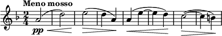 
\relative c' {
\key f \major
\time 2/4
\tempo "Meno mosso"
\tempo 4 = 112
\set Staff.midiInstrument = "violin"
a'2\pp\<
( d )
e\!\>
( d4 a )\!
a\< ( e'~
e d )\!
c2~\>
( c4 b )\!
}
