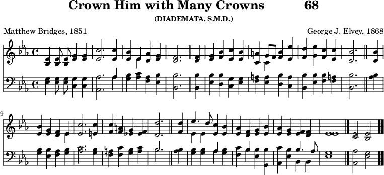 \version "2.16.2" 
\header { tagline = ##f title = \markup { "Crown Him with Many Crowns" "          " "68" } subsubtitle = "(DIADEMATA. S.M.D.)" composer = "George J. Elvey, 1868" poet = "Matthew Bridges, 1851" }
\score { << << \new Staff \with {midiInstrument = #"church organ"} { \key ees \major \time 4/4 \relative e' { \autoBeamOff
  <ees bes>4 q8 q <g ees>4 q | <c ees,>2. q4 |
  <bes ees,>4 << { ees, } \\ { ees } >> <aes d,> <g ees> |
  <f d>2. \bar "||"
  q4 | <g ees> <bes f> <c ees,> <bes ees,> |
  <a c,> << { g8[ f] } \\ { c4 } >> <f bes> <ees ees'> |
  <f d'> <g ees'> <f c'> <ees c'> | <d bes'>2. \bar "||"
  q4 | <ees bes'> <g ees> <f d> << { ees } \\ {{ ees }} >> |
  <ees c'>2. <e c'>4 |
  <f c'> <f a> <g ees!> <f ees> | <d d'>2. \bar "||"
  <f d'>4 | << { ees'4. d8 } \\ { ees,4 ees } >> <ees c'> <ees bes'> |
  <aes ees> <f d> <g ees> <bes ees,> |
  <aes ees> <g ees> <f ees> <f d> |
  << { ees1 } \\ { ees } >> \bar "|."
  <ees c>2 <ees bes> \bar ".." } }
\new Staff \with {midiInstrument = #"church organ"} { \clef bass \key ees \major \relative e { \autoBeamOff
  <ees g>4 q8 q <c g'>4 q |
  <aes aes'>2. << { aes'4 } \\ { aes } >> |
  <g bes> <aes c> <f aes> <ees bes'> | <bes bes'>2. %end line 1
  q4 | <ees bes'> <d bes'> <c g'> <ees g> |
  <f a> <ees a> <d bes'> <c a'> |
  <bes bes'> <ees bes'> <f bes> <f a> | <bes bes,>2. %end line 2
  <bes aes>4 | <g bes> <ees bes'> <f aes> <g bes> |
  <aes c>2. <g bes>4 |
  <f a> <f c'> <g bes> <a c> | << { bes2. } \\ { bes } >> %end line 3
  <bes aes>4 | <g bes> q << { aes } \\ { aes } >> q |
  <f c'> << { bes } \\ { bes } >> <bes ees,> <bes g,> |
  <c aes,> <bes ees,> << { bes4. aes8 } \\ { bes,4 bes } >> |
  <ees g>1 | <aes aes,>2 <g ees> } } >> >>
\layout { indent = #0 }
\midi { \tempo 4 = 90 } }
