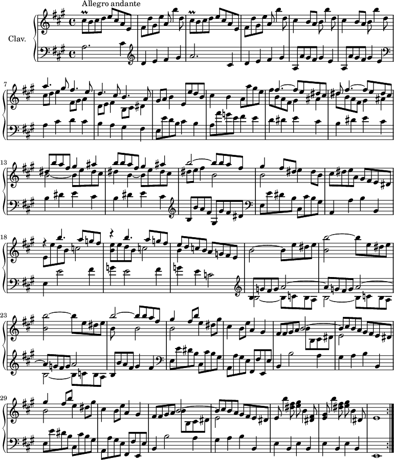 
\version "2.18.2"
\header {
  tagline = ##f
  % composer = "Domenico Scarlatti"
  % opus = "K. 343"
  % meter = "Allegro andante"
}

%% les petites notes
trillCisq       = { \tag #'print { cis8\prall } \tag #'midi { d32 cis d cis } }

upper = \relative c'' {
  \clef treble 
  \key a \major
  \time 4/4
  \tempo 2 = 72

  \repeat volta 2 {
      s8*0^\markup{Allegro andante}
      \repeat unfold 2 { \trillCisq b8 cis d e cis a e |
      % ms. 4
      fis d' gis, e' a, b'4 d,8 } | \repeat unfold 2 { cis4 b8 a b b'4 d,8 } |
      << { a'4. gis8 fis4. e8 | d4. cis8 b4. a8 } 
       \\ { cis8 d e4 fis,8 gis a4 | d,8 e fis4 b,8 cis dis4 } >>
      % ms. 9
      gis8 a b4 e,8 e' d b | cis4 b a8 a' gis e |
      % ms. 11
      << { s8 fis4.~ fis8 e dis cis | dis fis4.~ fis8 e dis cis | dis b' a fis gis4 ais | b8 b a fis gis4 ais | b2~ b8 b a fis | gis4 fis8 dis } 
       \\ { fis8 b, a fis gis4 ais | dis8 b a fis gis4 ais | b2~ b8 e dis cis | dis4 b~ b8 e dis cis | dis e fis4 b,2 | b2 } >>
      % ms. 16 suite
      e4  dis8 b | cis dis e a, gis fis e dis |
      << { r4 b''4. a8 g fis | r4 b4. a8 g fis } 
       \\ { e,8 e' d b c2 | < b e >8 e d b c2 } >>
      % ms. 20
      << { e8 d c b } \\ { b4 } >> a8 g fis e | b'2~ b8 e dis e | \repeat unfold 2 { < b b' >2~ b'8 e, dis e } | 
      % ms. 24
      << { b'2~ b8 b a fis } \\ { b,8 s8  s4 b2 } >> |
      \repeat unfold 2 { << { gis'4 fis8 b } \\ { b,2 e4 } >> dis8 gis | cis,4 b8 e a,4 gis |
      % ms. 27
      fis8 fis gis a 
      << { b2~ | b8 cis b a } \\ { b8 b, cis dis | e2 } >> gis8 fis e dis }%finrepet |
      % ms. 33
      e8 b''4 < dis, fis >8 < e gis > b4 < dis, fis >8 | < e gis > b''4 < dis, fis >8 < e gis > b4 dis,8 | e1 }%repet

}

lower = \relative c' {
  \clef bass
  \key a \major
  \time 4/4

  \repeat volta 2 {
    % ************************************** \appoggiatura a16  \repeat unfold 2 {  } \times 2/3 { }   \omit TupletNumber 
      a2. cis4   \clef treble  | d e fis gis | a2. cis,4 |
      % ms. 4
      d4 e fis gis | \repeat unfold 2 { a,8 a' gis fis gis4 e }   \clef bass | a,4 cis d cis |
      % ms. 8
      b4 a gis fis | e8 e' d b cis4 b | a8 a' g e fis4 e | d dis e cis |
      % ms. 12
      \repeat unfold 3 { b4 dis e cis } \clef treble  | b8 b' a fis gis, gis' fis dis   \clef bass |
      % ms. 16
      e,8 e' dis b cis, cis' b gis | a,4 a' b b, | e e'2 fis4 | g e2 fis4 |
      % ms. 20
      g4 e c2 \clef treble   | << { b8 \repeat unfold 2 { g' fis g a2~ | a8 } g fis g a2 } \\ { \repeat unfold 3 { b,2~ b8 c b a } | } >>
      % ms. 24
      b8 b' a fis gis4 fis   \clef bass  | \repeat unfold 2 { e,8 e' dis b cis, cis' b gis | a, a' gis e fis, fis' e, e' | b4 b'2 a4 |
      % ms. 28
      gis4 a b b, }|
      % ms. 33
      \repeat unfold 4 { e b } | e,1 }%repet

}

thePianoStaff = \new PianoStaff <<
    \set PianoStaff.instrumentName = #"Clav."
    \new Staff = "upper" \upper
    \new Staff = "lower" \lower
  >>

\score {
  \keepWithTag #'print \thePianoStaff
  \layout {
      #(layout-set-staff-size 17)
    \context {
      \Score
     \override TupletBracket.bracket-visibility = ##f
     \override SpacingSpanner.common-shortest-duration = #(ly:make-moment 1/2)
      \remove "Metronome_mark_engraver"
    }
  }
}

\score {
  \unfoldRepeats
  \keepWithTag #'midi \thePianoStaff
  \midi { \set Staff.midiInstrument = #"harpsichord" }
}
