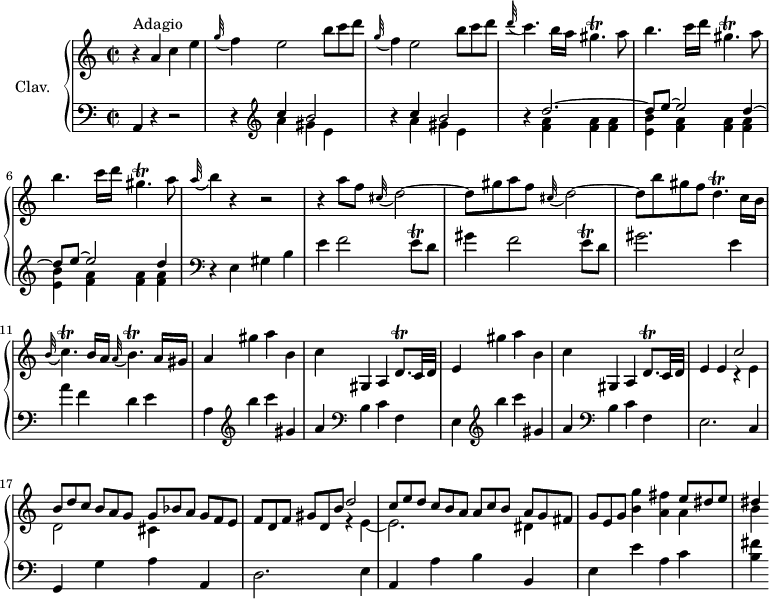 
\version "2.18.2"
\header {
  tagline = ##f
  % composer = "Domenico Scarlatti"
  % opus = "K. 109"
  % meter = "Adagio"
}

%% les petites notes
trillGisp       = { \tag #'print { gis4.\trill } \tag #'midi { a32 gis a gis~ gis4 } }
trillGispDown   = { \tag #'print { gis,4.\trill } \tag #'midi { a32 gis a gis~ gis4 } }
trillCp         = { \tag #'print { c4.\trill } \tag #'midi { a32 gis a gis~ gis4 } }
trillBp         = { \tag #'print { b4.\trill } \tag #'midi { c32 b c b~ b4 } }
trillDp         = { \tag #'print { d4.\trill } \tag #'midi { e32 d e d~ d4 } }
trillEq         = { \tag #'print { e8\trill } \tag #'midi { f32 e f e } }
trillDqp        = { \tag #'print { d8.\trill } \tag #'midi { e32 d e d~ d16 } }

upper = \relative c'' {
  \clef treble 
  \key a \minor
  \time 2/2
  \tempo 2 = 56
  \set Staff.midiInstrument = #"harpsichord"
  \override TupletBracket.bracket-visibility = ##f

      s8*0^\markup{Adagio}
      r4 a4 c e | \repeat unfold 2 { \appoggiatura g32 f4 e2 \omit TupletNumber \times 2/3 { b'8 c d } } | \appoggiatura d32 c4. b16 a \trillGisp a8 |
      % ms. 5
      \repeat unfold 2 { b4. c16 d \trillGispDown a8 } | \appoggiatura a32 b4 r4 r2 | r4 a8 f \appoggiatura cis32 d2~ |
      % ms. 9
      d8 gis a f \appoggiatura cis32 d2~ | d8 b' gis f \trillDp c16 b | \appoggiatura b32 \trillCp b16 a \appoggiatura a32 \trillBp a16 gis | a4 gis' a b, |
      % ms. 13
      c4 gis, a \trillDqp c32 d | e4 gis' a b, | c gis, a  \trillDqp c32 d | e4 e << { c'2 } \\ { r4 e, } >>
      % ms. 17
      << { \omit TupletNumber \times 2/3 { b'8 d c } \times 2/3 { b8[ a g] } \times 2/3 { g8 bes a } \times 2/3 { g8[ f e] } } \\ { d2 cis4 } >> | \omit TupletNumber \times 2/3 { f8[ d f] } \times 2/3 { gis8 d b' } << { d2 | \omit TupletNumber \times 2/3 { c8[ e d] } \times 2/3 { c8 b a }  \times 2/3 { a8[ c b] }  \times 2/3 { a8 g fis } } \\ { r4 e4~ | e2. dis4 } >>
      % ms. 20
      \times 2/3 { g8 e g } < b g' >4 < a fis' > << { \omit TupletNumber \times 2/3 { e'8 dis e } | dis4 } \\ { a4 | b} >>

}

lower = \relative c' {
  \clef bass
  \key a \minor
  \time 2/2
  \set Staff.midiInstrument = #"harpsichord"
  \override TupletBracket.bracket-visibility = ##f

    % ************************************** \appoggiatura a16  \repeat unfold 2 {  } \times 2/3 { }   \omit TupletNumber 
      a,4 r4 r2 | \repeat unfold 2 { r4   \clef treble << { c''4 b2 } \\ { a4 gis e } >> } | r4 << { d'2.~ | \repeat unfold 2 { d8 e~ e2 d4~ } } \\ { < f, a >4 q q | \repeat unfold 2 { < e b' > < f a > q q } } >>   \clef bass
      % ms. 7
      r4 e,4 gis b | e f2 \trillEq d8 | 
      % ms. 9
      gis4 f2 \trillEq d8 | gis2. e4 | a f d e | a, \clef treble b''4 c gis, |
      % ms. 13
      a4   \clef bass b, c f, |  e \clef treble b'''4 c gis, | a4   \clef bass b, c f, | e2. c4 |
      % ms. 17
      g4 g' a a, | d2. e4 | a, a' b b, |
      % ms. 20
      e4 e' a, c | < b fis' >4

}

thePianoStaff = \new PianoStaff <<
    \set PianoStaff.instrumentName = #"Clav."
    \new Staff = "upper" \upper
    \new Staff = "lower" \lower
  >>

\score {
  \keepWithTag #'print \thePianoStaff
  \layout {
      #(layout-set-staff-size 17)
    \context {
      \Score
     \override SpacingSpanner.common-shortest-duration = #(ly:make-moment 1/2)
      \remove "Metronome_mark_engraver"
    }
  }
}

\score {
  \keepWithTag #'midi \thePianoStaff
  \midi { }
}
