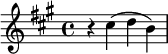 
\relative c'' { \set Staff.midiInstrument = #"piano"
  \key a \major
  \time 4/4
  r4 cis4( d b)
}
