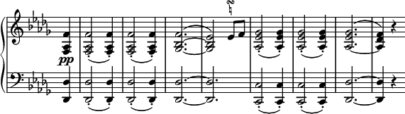 
 \relative c' {
  \new PianoStaff <<
   \new Staff \with { \remove "Time_signature_engraver" } { \key des \major \time 3/4 \partial 4
    <f aes, f> <f aes, f>2-.( <f aes, f>4-.) <f aes, f>2-.( <f aes, f>4-.)
    <f bes,~ ges~>2.^\( <es bes ges>2 \)
    es8 f^\markup    
       \override #'(baseline-skip . 1) {
        \halign #2
        \teeny \center-column {
         \musicglyph #"scripts.turn"
         \natural
        } 
       }
    <ges es aes,>2-.( <ges es aes,>4-.) <ges es aes,>2-.( <ges es aes,>4-.)
    <ges es aes,~>2.^\( <f des aes>4 \) r
   }
   \new Dynamics {
    s4\pp
   }
   \new Staff \with { \remove "Time_signature_engraver" } { \key des \major \time 3/4 \clef bass \partial 4
    <des, des,>4 <des des,>2-.( <des des,>4-.) <des des,>2-.( <des des,>4-.)
    <des~ des,~>2. <des des,>
    <c c,>2-.( <c c,>4-.) <c c,>2-.( <c c,>4-.) <des~ des,~>2. <des des,>4 r
   }
  >>
 }
