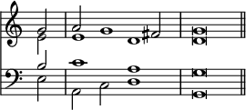 << \override Score.TimeSignature #'stencil = ##f \time 4/2 \new Staff << \new Voice { \partial 2 \relative g' { \stemUp g2 | a g1 fis2 | g\breve \bar "||" } } \new Voice { \relative e' { \stemDown e2 | e1 d | d\breve } } >>
\new Staff { \clef bass << \new Voice { \stemUp b2 | c'1 a | g\breve } \new Voice { \stemDown e2 | a, c d1 | g,\breve } >> } >>