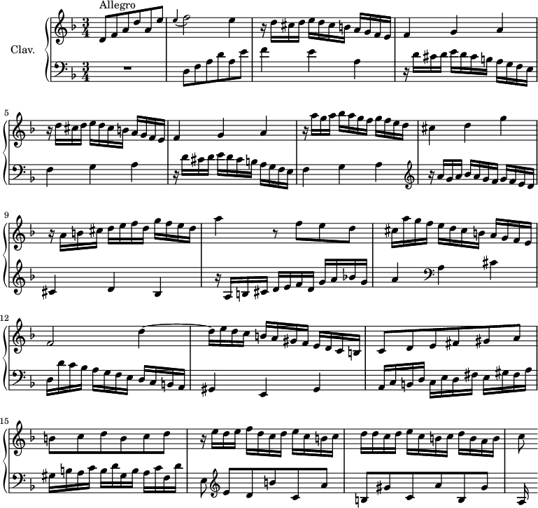 
\version "2.18.2"
\header {
  tagline = ##f
  % composer = "Domenico Scarlatti"
  % opus = "K. 191"
  % meter = "Allegro"
}

%% les petites notes
trillBesp     = { \tag #'print { bes4.\prall } \tag #'midi { c32 bes c bes~ bes4 } }

upper = \relative c'' {
  \clef treble 
  \key d \minor
  \time 3/4
  \tempo 4 = 92  \set Staff.midiInstrument = #"harpsichord"
  \override TupletBracket.bracket-visibility = ##f

      s8*0^\markup{Allegro}
      d,8 f a d a e' | \appoggiatura e4 f2 e4 | \repeat unfold 2 { r16 d16 cis d e d cis b a g f e |
      % ms. 4
      f4 g a }
      % ms. 7
      r16 a'16 g a bes a g f g f e d | cis4 d g | r16 a,16 b cis d e f d g f e d |
      % ms. 10
      a'4 r8 f8 e d | cis16 a' g f e d cis b a g f e | f2 d'4~ |
      % ms. 13
      d16 e d c b a gis f e d c b | c8 d e fis gis a | b c d b c d |
      % ms. 16 
      r16 e16 d e f d c d e c b c | d d c d e c b c d b a b | c8

}

lower = \relative c' {
  \clef bass
  \key d \minor
  \time 3/4
  \set Staff.midiInstrument = #"harpsichord"
  \override TupletBracket.bracket-visibility = ##f

    % ************************************** \appoggiatura \repeat unfold 2 {  } \times 2/3 { }
      R2. | d,8 f a d a e' | f4 e a, |
      % ms. 4
      \repeat unfold 2 { r16 d16 cis d e d cis b a g f e | f4 g a } |   \clef treble 
      % ms. 8
      r16 a' g a bes a g f g f e d | cis4 d bes |  
      % ms. 10
      r16 a b cis d e f d g a bes! g | a4   \clef bass a, cis | d,16 d' c bes  a g f e  d c b a |
      % ms. 13
      gis4 e gis | a16 c b d c e d fis e gis fis a | gis b a c b d gis, b a c f, d' |
      % ms. 16
      e,8  \clef treble  e'[ d b' c, a'] | b, gis' c, a' b, gis' | a,16

}

thePianoStaff = \new PianoStaff <<
    \set PianoStaff.instrumentName = #"Clav."
    \new Staff = "upper" \upper
    \new Staff = "lower" \lower
  >>

\score {
  \keepWithTag #'print \thePianoStaff
  \layout {
      #(layout-set-staff-size 17)
    \context {
      \Score
     \override SpacingSpanner.common-shortest-duration = #(ly:make-moment 1/2)
      \remove "Metronome_mark_engraver"
    }
  }
}

\score {
  \keepWithTag #'midi \thePianoStaff
  \midi { }
}
