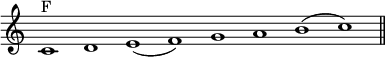 { \override Score.TimeSignature #'stencil = ##f \relative c' { \cadenzaOn c1^"F" d e( f) g a b( c) \bar "||" } }