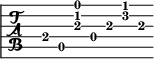 
\new TabStaff \relative c' {
  e,8 a,8 <a' c e>
  d,8 a' <d f> a
}
 