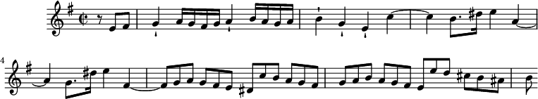 
\version "2.18.2"
\header {
  tagline = ##f
}

\score {
  \new Staff \with {

  }
<<
  \relative c {
    \key e \minor
    \time 2/2
    \set Staff.midiInstrument = #"harpsichord" 

     %% SUJET fugue CBT II-8, BWV 876, mi mineur
     \partial 4
     \tuplet 3/2 { r8 e' fis } | g4-! a16 g fis g a4-! b16 a g a | b4-! g-! e-! c'4~ | c b8.*8/9 dis16*4/3 e4 a,~ | a g8.*8/9 dis'16*4/3 e4 fis,~ | \tuplet 3/2 { fis8 g a } \tuplet 3/2 { g[ fis e] } \tuplet 3/2 { dis c' b } \tuplet 3/2 { a[ g fis] } \tuplet 3/2 { g a b } \tuplet 3/2 { a[ g fis] } \tuplet 3/2 { e e' d } \tuplet 3/2 { cis[ b ais] } \tuplet 3/2 { b }
  }
>>
  \layout {
     \context { \Score \remove "Metronome_mark_engraver" 
                \override SpacingSpanner.common-shortest-duration = #(ly:make-moment 1/2)
                \override TupletBracket.bracket-visibility = ##f
                \omit TupletNumber
     }
  }
  \midi {} 
}
