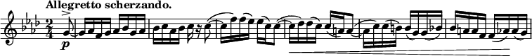 
\relative c'' {
 \key f \minor \time 2/4 \set Score.tempoHideNote = ##t \tempo "Allegretto scherzando." 4=100 \partial 8
  \override Score.NonMusicalPaperColumn #'line-break-permission = ##f
 g8^> \p ~ g16 aes f g aes bes g aes bes c aes bes c r c8~ ( c16 f) f( es) es( c) c8~ (
 c16\< des) des( c) c( a) a8~ ( a16 c) c( b) b( g) g( bes) bes a a f f( aes\! ) aes( g)
}
