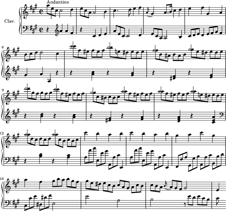 
\version "2.18.2"
\header {
  tagline = ##f
}

%% les petites notes
trillFis     = { \tag #'print { fis8.\trill } \tag #'midi { \repeat unfold 2 { gis32 fis } gis fis } }

upper = \relative c'' {
  \clef treble 
  \key a \major
  \time 2/2
  \tempo 4 = 120
  \set Staff.midiInstrument = #"harpsichord"
  \override TupletBracket.bracket-visibility = ##f


     s8*0^\markup{Andantino}
     \times 2/3 { a'8 e cis }   \omit TupletNumber cis2 d4 | \times 2/3 { e8 cis a } a2 b4 | cis4. d8 e4  fis |
     % ms. 4
     \appoggiatura a,16 gis4 a8. b16 cis4 d | e fis gis, a | \times 2/3 { b8 cis d } d2 cis4 |
     % ms. 7
     << { cis'2 b | fis gis | d' cis } \\ {  \omit TupletNumber \times 2/3 { cis8 fis, eis } \times 2/3 { fis8[ eis fis] } \times 2/3 { b8 e, dis } \times 2/3 { e[ dis e] } | \times 2/3 { fis8 b, ais } \times 2/3 { b8[ ais b] } | \times 2/3 { gis'8 e dis } \times 2/3 { e8[ dis e] } \times 2/3 { d'8 gis, fis } \times 2/3 { gis8[ fis gis] } \times 2/3 { cis8 fis, eis } \times 2/3 { fis8[ eis fis] } } >>
     % ms. 10
      << { gis2 a | a a | a a } \\ { \omit TupletNumber \times 2/3 { gis8 cis, bis } \times 2/3 { cis8[ bis cis] } | \repeat unfold 2 { \times 2/3 { a'8 fis eis } \times 2/3 { fis8[ eis fis] } } | \times 2/3 { a8 e dis } \times 2/3 { e8[ dis e] } | \times 2/3 { a8 d, cis } \times 2/3 { d8[ cis d] } | \times 2/3 { a'8 cis, b } \times 2/3 { cis8[ b cis] } } >> |
     % ms. 13
     \repeat unfold 2 { cis'4 b a b } |
     % ms. 15
     gis4 a cis gis | a fis  \times 2/3 { gis8 b a }  \times 2/3 { b8[ gis fis] } | \times 2/3 { gis8 e dis }  \times 2/3 { e8[ cis b] }  \times 2/3 { cis8 a gis }  \times 2/3 { a8[ cis b] } |
     % ms. 18
     \times 2/3 { cis8[ b a] }  \times 2/3 { \appoggiatura b16 a8 gis fis } gis2 | e4

}

lower = \relative c' {
  \clef bass
  \key a \major
  \time 2/2
  \set Staff.midiInstrument = #"harpsichord"
  \override TupletBracket.bracket-visibility = ##f
  \omit TupletNumber

    % **************************************
     r4   \clef treble  a'4 a fis | r4 cis d e | \times 2/3 { a8 e cis } cis2 d4 |
     % ms. 4
     \times 2/3 { e8 cis a } a2 b4 | \times 2/3 { cis8 d e } d4 \times 2/3 { e8 fis gis } fis4 | gis a a, r4 |
     % ms. 7
     r4 < a' cis >4 r4 < gis b >4 | r4 < dis fis >4 r4 < e gis >4 | r4 < b' d >4 r4 < a cis >4 |
     % ms. 10
     r4 < eis gis >4 r4 < fis a >4 | r4 < d fis a >4 r4 < cis e a >   \clef bass |
     % ms. 12
     r4 < b d >4 r4 < a cis >4 | \repeat unfold 2 {  \times 2/3 { a8 a' cis }  \times 2/3 { e,,[ e' gis] }  \times 2/3 { a,, a' cis } e,,4 }
     % ms. 15
     \times 2/3 { fis8 fis' a } \times 2/3 { gis,8[ gis' b] } \times 2/3 { a,8[ a' cis] } \times 2/3 { b,8[ b' d] } | \times 2/3 { cis,8 cis' e }  \times 2/3 { dis,8[ dis' fis] } e,2 | e' a, |
     % ms. 18
     b2  \times 2/3 { r8 e8 d } \times 2/3 { e8[ cis b] } | cis8

} 

thePianoStaff = \new PianoStaff <<
    \set PianoStaff.instrumentName = #"Clav."
    \new Staff = "upper" \upper
    \new Staff = "lower" \lower
  >>

\score {
  \keepWithTag #'print \thePianoStaff
  \layout {
      #(layout-set-staff-size 17)
    \context {
      \Score
     \override SpacingSpanner.common-shortest-duration = #(ly:make-moment 1/2)
      \remove "Metronome_mark_engraver"
    }
  }
}

\score {
  \keepWithTag #'midi \thePianoStaff
  \midi { }
}
