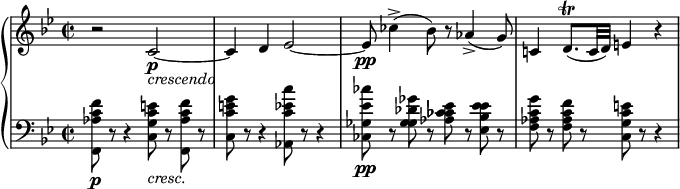 
\relative c' {
    \new PianoStaff <<
    \new Staff {
      \set Staff.midiInstrument = #"string ensemble 1" \key bes \major \clef treble \time 2/2 \set Score.tempoHideNote = ##t \tempo 2 = 50 
      r2 c2~ \p _\markup { \italic "crescendo" } |
      c4 d es2~ |
      es8 \pp ces'4 -> (bes8) r8 aes4 -> (g8) |
      c,!4 d8. \trill (c32 d32) e!4 r4 |
    }
    \new Staff {
      \set Staff.midiInstrument = #"pizzicato strings" \key bes \major\clef bass\time 2/2 
      <f c as f,>8 \p r8 r4 <e! c g c,>8 _\markup { \italic "cresc." }  r8 <f c as f,>8 r8 |
      <g e c c,>8 r8 r4 <c es, c as,>8 r8 r4 |
      <ces es, ges, ces,>8 \pp r8 <ges des ges, ges >8 r8 <es ces ces as>8 r8 <es es bes es,>8 r8 |
      <g c, as f>8 r8 <f c as f>8 r8 <e c g c,>8 r8 r4 |
    }
  >>
}
