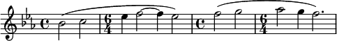 
\language "italiano"

\layout {
  indent = 0 \mm
  short-indent = 0 \mm
  line-width = 12.5 \cm
}

\relative do'' {
  \key do \minor
  \clef treble
  \override Score.BarNumber.break-visibility = ##(#f #f #f)
  \time 4/4
  sib2( do |
  \time 6/4
  mib4 fa2~ fa4 mib2) |
  \time 4/4
  fa( sol |
  \time 6/4
  lab sol4 fa2.) |
}
