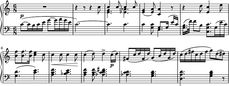 
 \relative c' {
  \new PianoStaff <<
   \new Staff { \key a \minor \time 6/8     \set Score.tempoHideNote = ##t
     \tempo "" 8 = 105

R1*6/8 r4 r8 r4 c'8
    <<
   {c4 c8 c4 c8}
    \\
   {<e, g>4. <ees aes>4.}
    >>
{<e g>4( <e a>8) <c a'>4 r8 r4 d'8 <c e,>4 e8 <b f'> <b f'>8. <b f'>16 <c e>4 c8 c4\< c8 c4 c8\! c4( d8) d4-> c16\p( d) fis,8( c'16 d fis, d') \stemUp g,8( b16 d g, d') \stemNeutral c16( d fis c d fis g8) d( dis)}
   }
   \new Staff { \key a \minor \time 6/8 \clef bass \relative c'
{c8~( ^\markup{ \dynamic p} c16 b c e g8 ~ g16 a g e c2.~) c4. c4. c4 <c g>8
    <<
      \voiceOne { g8.[ g16(] e'[ c)] }
    \\
      \voiceTwo{e,4.}
    >>
\oneVoice <b' g>16.[( f'32]) f8[ b,] <c, g' c>8.[ g'16( e' c)] <g d'>4.( <c e>4.) <a c f>4. <bes c e>4. <a c f>4 <a c f>8 <aes c d fis>4. <aes c d>4. <g b d>4. <d a' d>4. <g b d>4 r8 }

    }
  >>
 }
