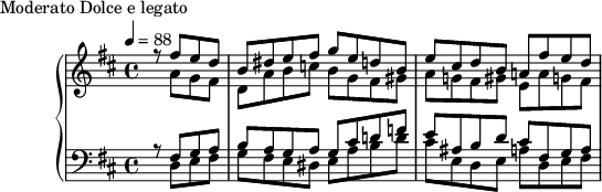 
\version "2.18.2"
\header {
  tagline = ##f
}
upper = \relative c'' {
  \clef treble 
  \key d \major
  \time 4/4
  \tempo 4 = 88
  %\autoBeamOff

   %%Montgeroult — Étude 108 (pdf p. 182)
   \partial 2
   << { r8 fis8 e d b dis e fis g e d! b e cis d b a! fis' e d } \\ { s8 a8 g fis d a' b c! b g fis gis a g! fis gis e a g! fis } >>
   << {} \\ {} >>
   << {} \\ {} >>

}

lower = \relative c {
  \clef bass
  \key d \major
  \time 4/4

   << { r8 fis g a b a g a g cis d! f! e ais, b d cis fis, g a } \\ { s8 d,8 e fis g fis e dis e a b d cis e, d e a! d, e fis } >>
   << {} \\ {} >>
   << {} \\ {} >>
}

  \header {
    piece = "Moderato Dolce e legato"
  }

\score {
  \new PianoStaff <<
    \new Staff = "upper" \upper
    \new Staff = "lower" \lower
  >>
  \layout {
    \context {
      \Score
      
    }
  }
  \midi { }
}
