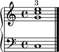 \new GrandStaff <<
     \new Staff \relative c' {
       <g' c e>1^"3"
       \bar "|."
     }
     \new Staff \relative c {
       \clef bass
       c
     }
   >>