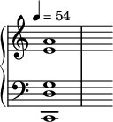 
{
  \cadenzaOn %% tahtiviivojen piilotus
  \new PianoStaff <<

    \new Staff = "treble" {
      \tempo 4=54 \clef "treble" 
      \key a \minor

      \override Staff.TimeSignature #'stencil = ##f % Tahtiosoituksen piilotus
  
      \relative c' {
        <e a>1 \bar "|"
        s4 s s s s s s
        s4 s s s s s s
      }
    }
  
    \new Staff = "bass" {
      \clef "bass"
      \key a \minor

      \override Staff.TimeSignature #'stencil = ##f % Tahtiosoituksen piilotus

      \relative c {
        <c, d' g>1 \bar "|"
        s4 s s s s s s
        s4 s s s s s s
      }
    }
   >>
}
