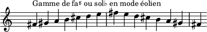 
\relative c' { 
  \clef treble \time 7/4 \hide Staff.TimeSignature fis4^\markup { Gamme de fa♯ ou sol♭ en mode éolien } gis a b cis d e fis e d cis b a gis fis
}
