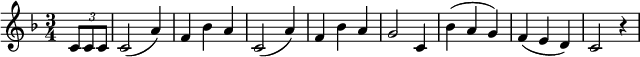  { \key f \major \time 3/4 \partial 4 \times 2/3 {c'8 c'8 c'8} c'2 (a'4) f'4 bes'4 a'4 c'2 (a'4) f'4 bes'4 a'4 g'2 c'4 bes'4 (a'4 g'4) f'4 (e'4 d'4) c'2 r4} 