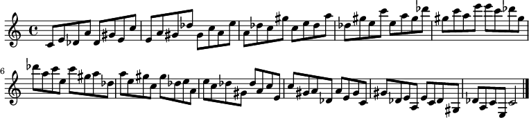 
{

\modalTranspose c c' { c des e gis a } { c8 e des a } 
\modalTranspose c des' { c des e gis a } { c e des a } 
\modalTranspose c e' { c des e gis a } { c e des a } 
\modalTranspose c gis' { c des e gis a } { c e des a } 
\modalTranspose c a' { c des e gis a } { c e des a } 
\modalTranspose c c'' { c des e gis a } { c e des a } 
\modalTranspose c des'' { c des e gis a } { c e des a } 
\modalTranspose c e'' { c des e gis a } { c e des a } 
\modalTranspose c gis'' { c des e gis a } { c e des a } 

\modalInversion c e''' { c des e gis a } { c e des a } 
\modalInversion c des''' { c des e gis a } { c e des a } 
\modalInversion c c''' { c des e gis a } { c e des a } 
\modalInversion c a'' { c des e gis a } { c e des a } 
\modalInversion c gis'' { c des e gis a } { c e des a } 
\modalInversion c e'' { c des e gis a } { c e des a } 
\modalInversion c des'' { c des e gis a } { c e des a } 
\modalInversion c c'' { c des e gis a } { c e des a } 
\modalInversion c a' { c des e gis a } { c e des a } 
\modalInversion c gis' { c des e gis a } { c e des a } 
\modalInversion c e' { c des e gis a } { c e des a } 
\modalInversion c des' { c des e gis a } { c e des a } 

c'2

\bar "|."
}
